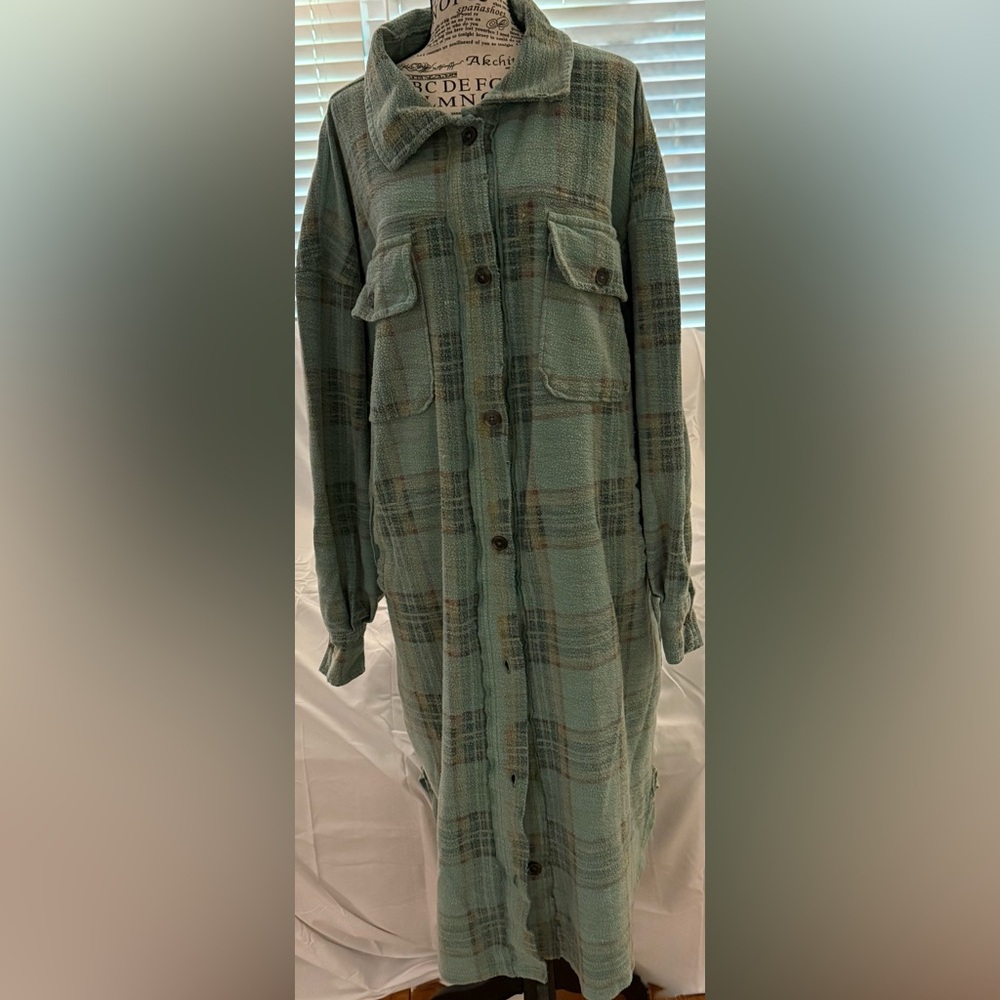 Free People We The Free label Plaid Long Ruby Shacket in Sage Combo XL